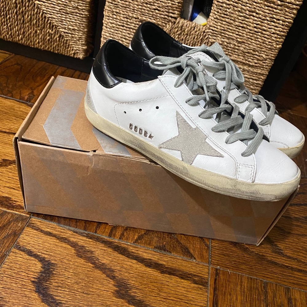Golden Goose White Leather Sneakers with Gray Star and Black Heel